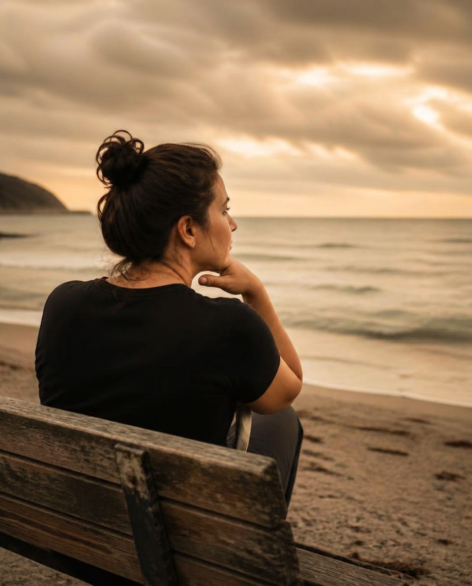 Woman in a black NSTAN tee sitting alone on a bench by the sea at golden hour, deep in thought